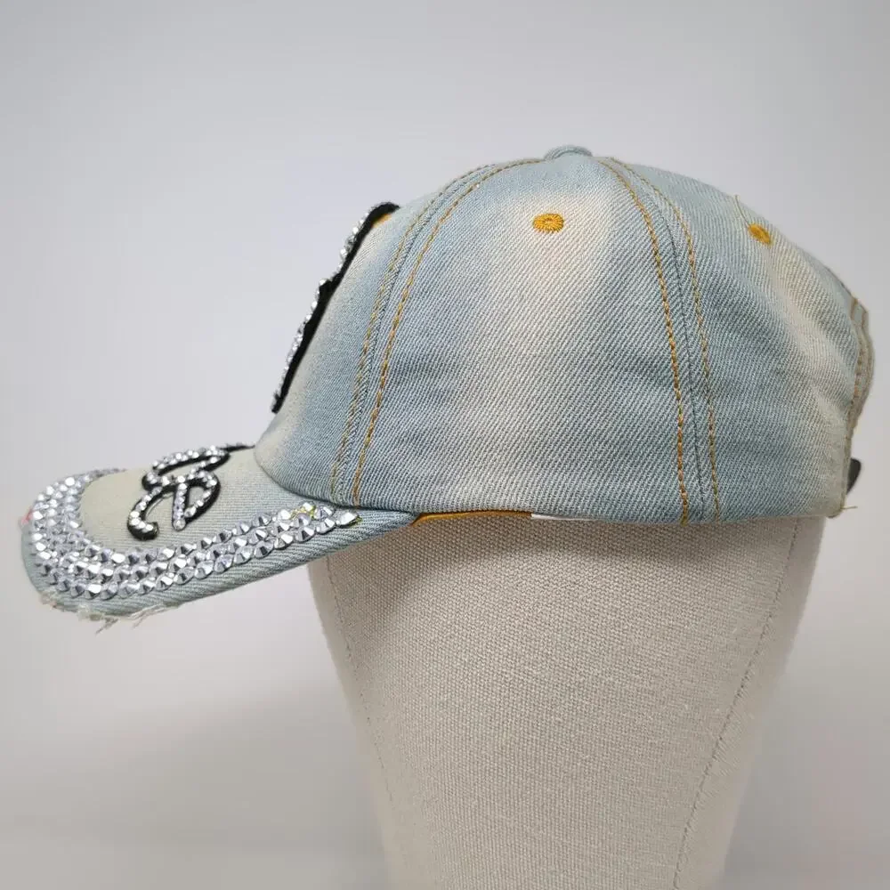 Baseball Cap Blue One Size Studded Rhinestone Peace Sign Denim Slideback Hat